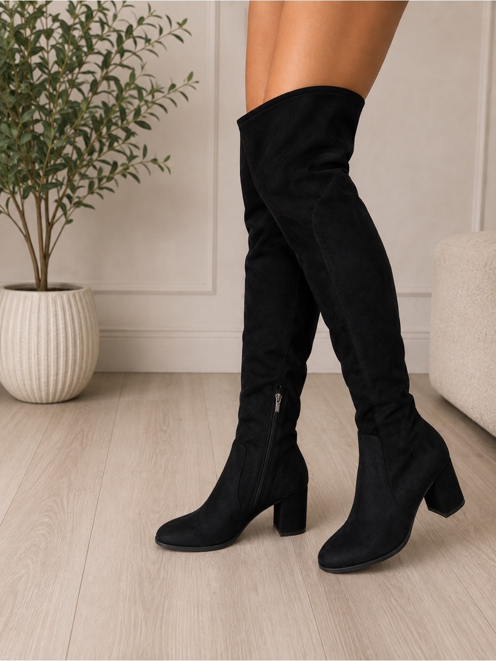 Marc Fisher Black Suede Look Over-the-Knee Block Heel Boots Thigh High Size 9.5